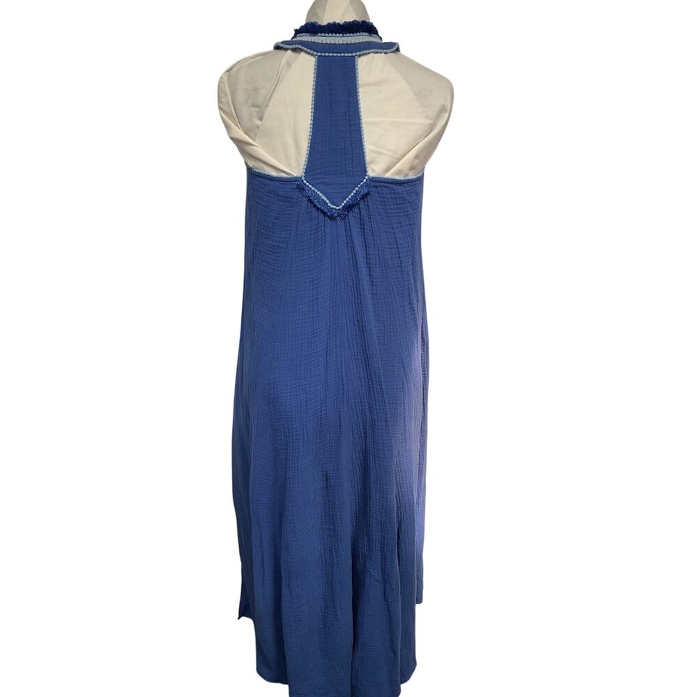 Magashoni Blue Cotton Gauze Sundress With Fringe V-Neckline Size S - Picture 3 of 5